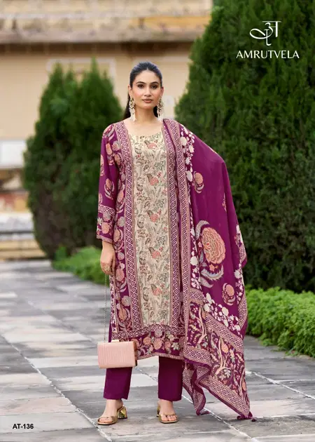 AT 136 A to D By Amrutvela Viscose Maslin Best Dress Material Wholesale Shop In Surat
